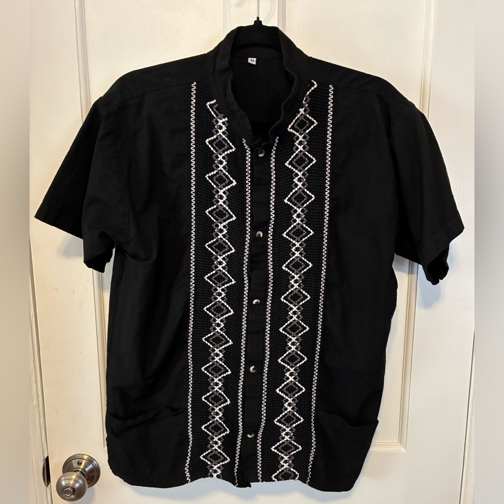 Black Embroidered Short-Sleeve Button-Down Shirt